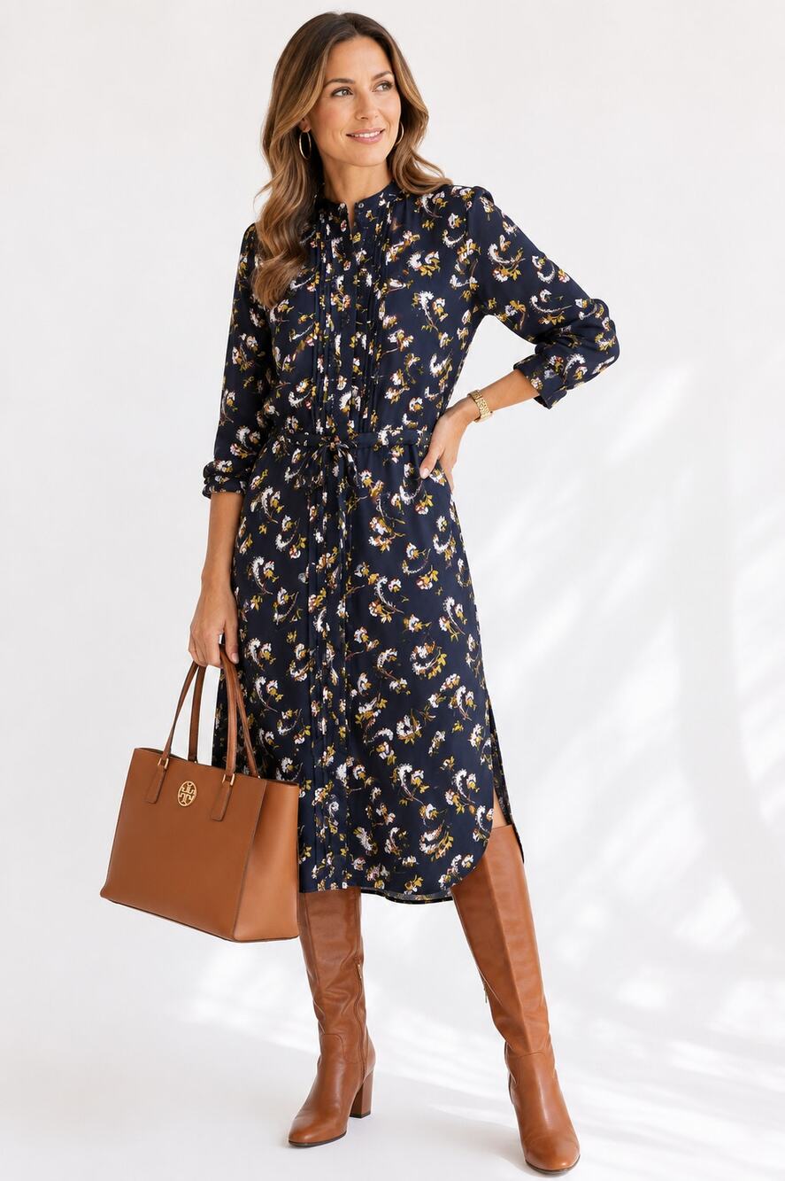 Banana Republic Feather Print Shirt Dress Navy Drawstring Waist Small